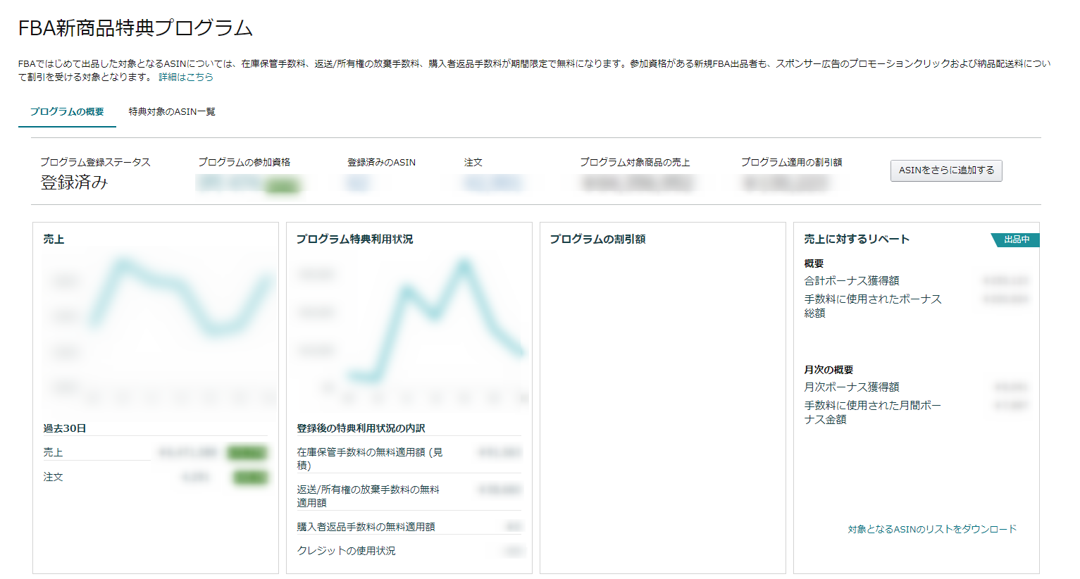 FBA新商品特典プログラム ダッシュボード